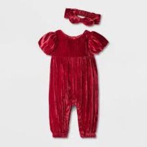 Cat & Jack Baby Girl Crinkle Velour Romper With Bow Dark Red Size 6 Months